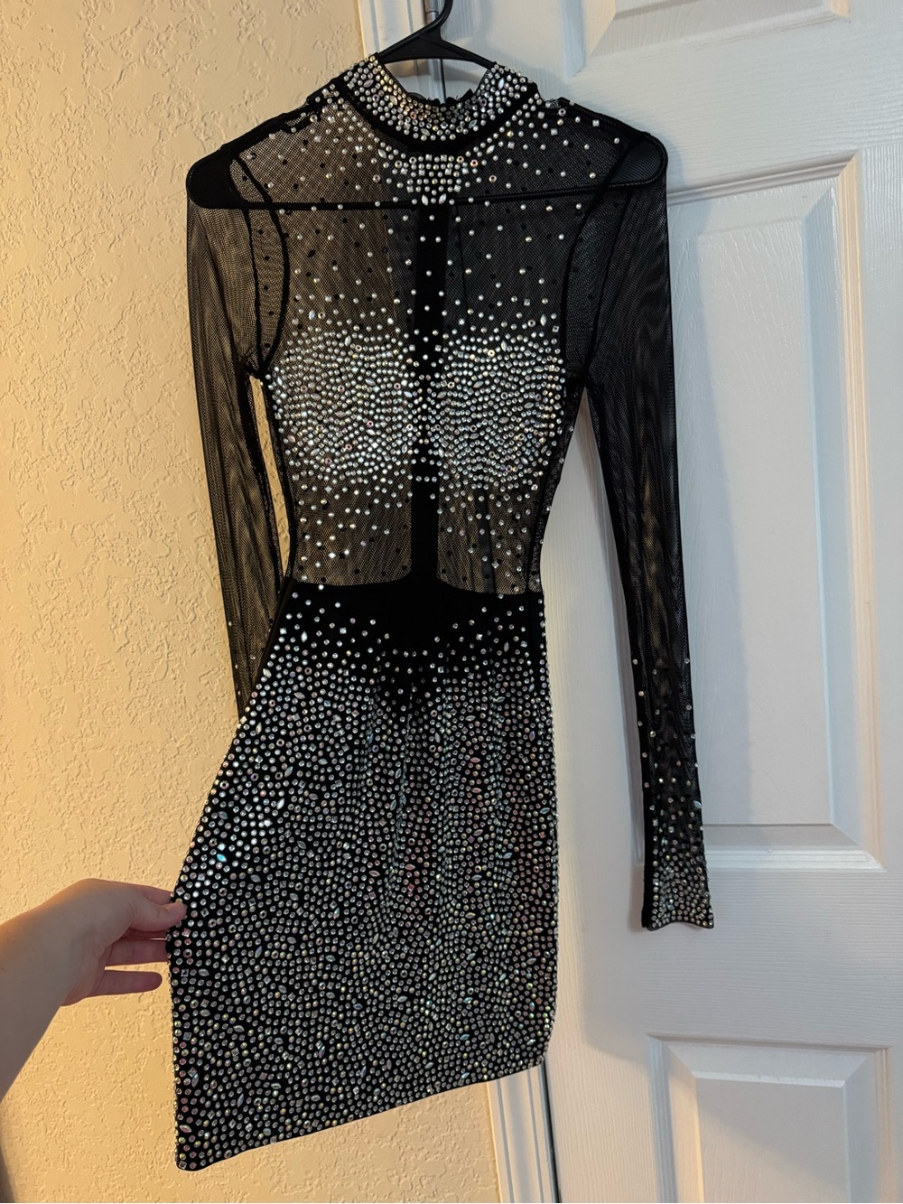 Women’s Windsor Black Long-Sleeve Sheer Rhinestone Bodycon Dress Small